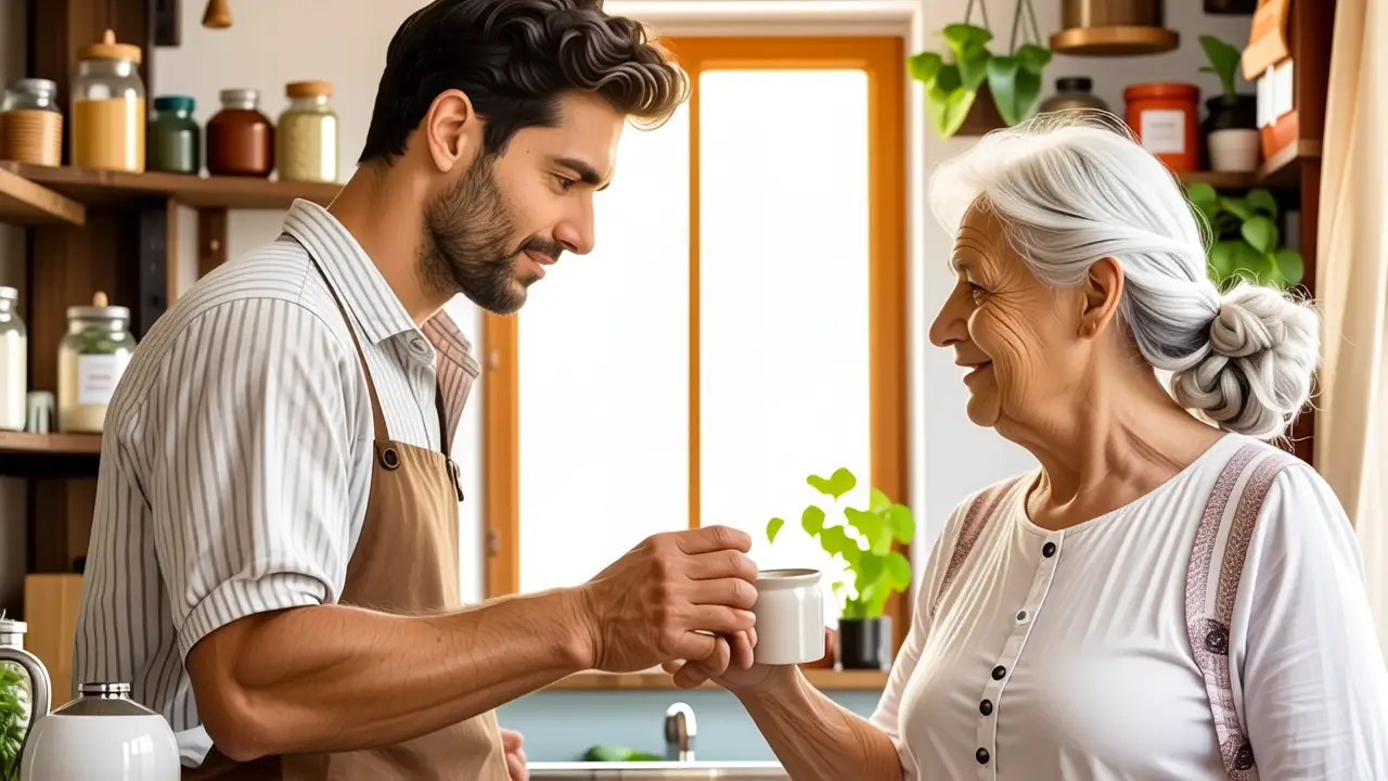 Un hombre ayuda a una anciana en cocina