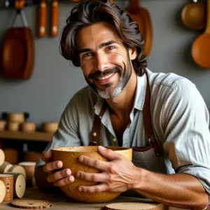 Manualidades Corchos: Ideas Útiles para el Hogar 9 Un hombre sonríe con artesanía en un ambiente cálido