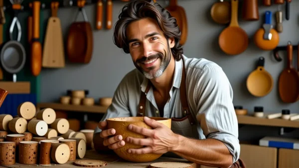 Un hombre sonríe con artesanía en un ambiente cálido