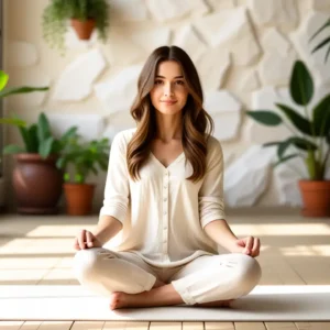 Mujer española tranquila en estudio luminoso