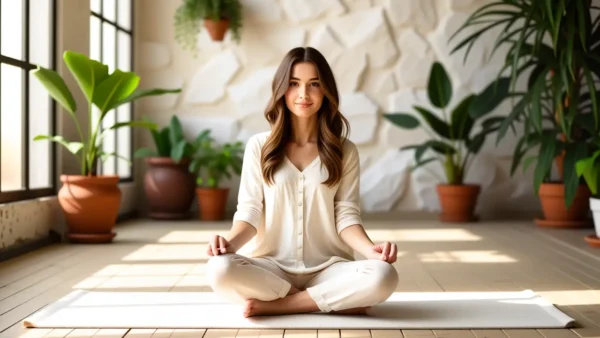 Mujer española tranquila en estudio luminoso