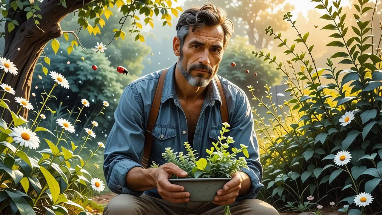 Un hombre pensativo sostiene hierbas en jardín