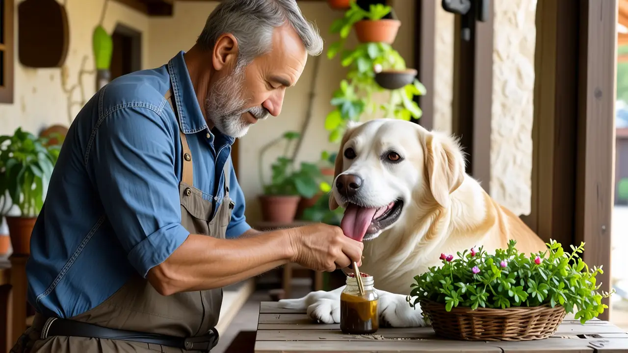 Un hombre amable examina a su perro en patio soleado