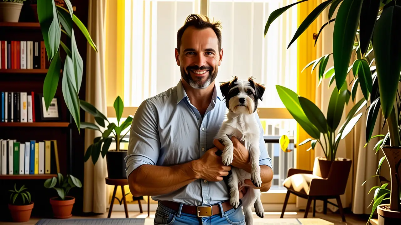 Un hombre amable pinta la luz cálida