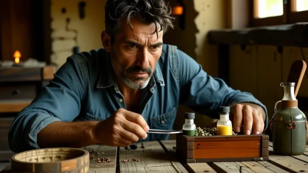 Un hombre preocupado examina un bicho en la luz dorada