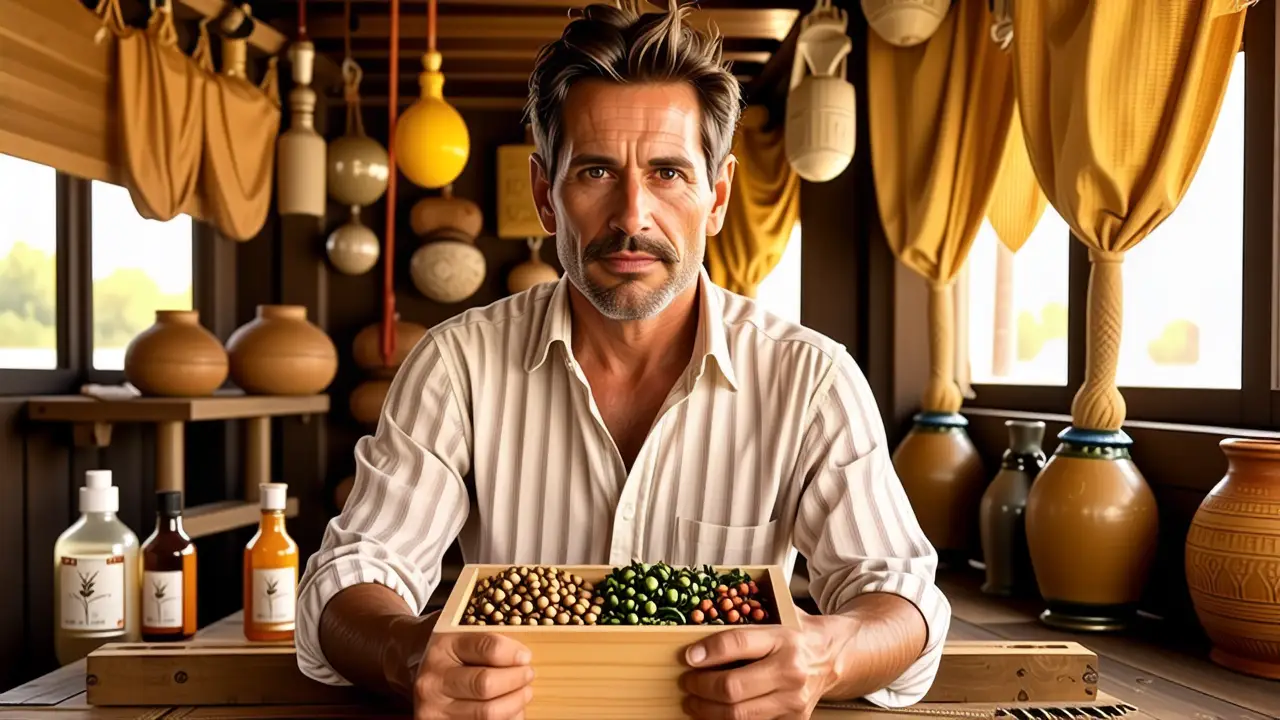 Un hombre sabio observa su caja de hierbas