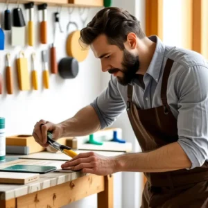 Un hombre restaurando una silla en luz cálida