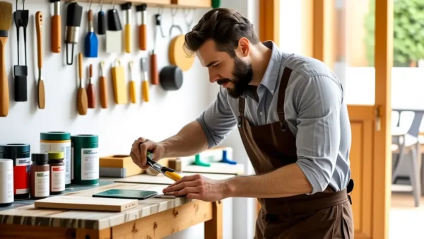 Un hombre restaurando una silla en luz cálida