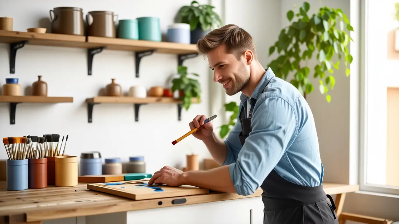 Un hombre pinta con calma en un taller luminoso