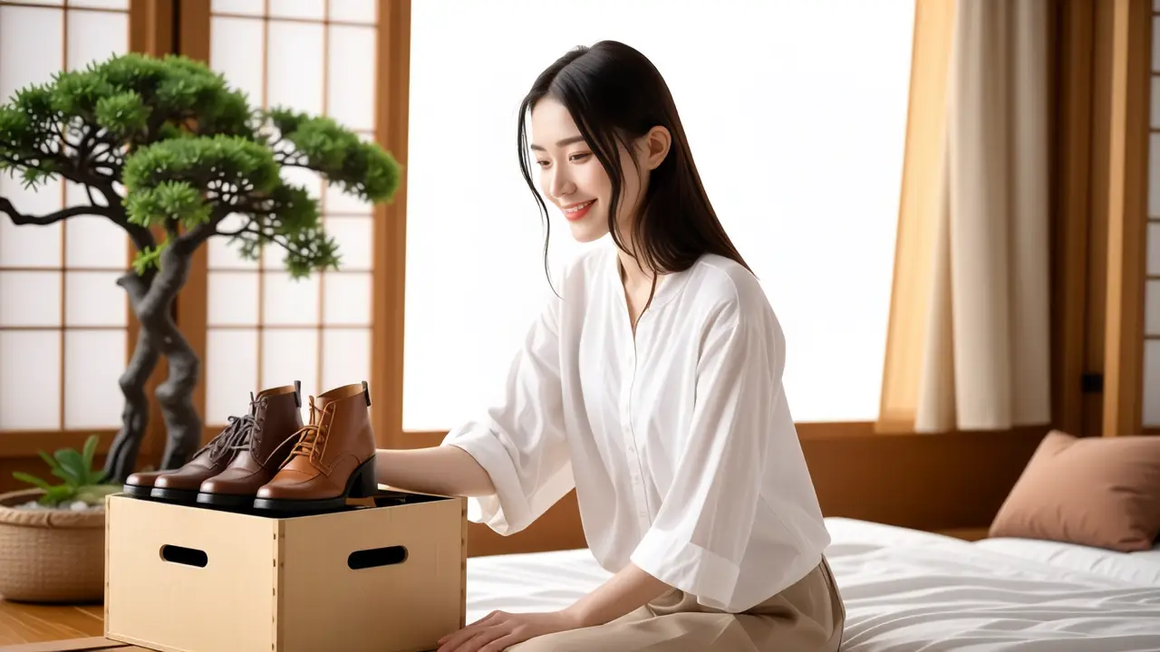 Una mujer tranquila organiza cuidadosamente zapatos en un espacio minimalista japonés