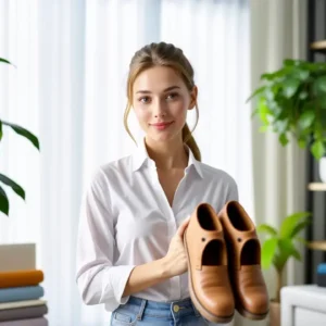 Mujer blanca presenta zapatos en calma