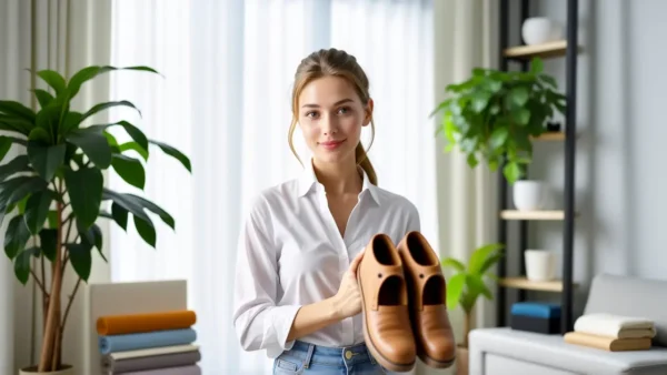 Mujer blanca presenta zapatos en calma