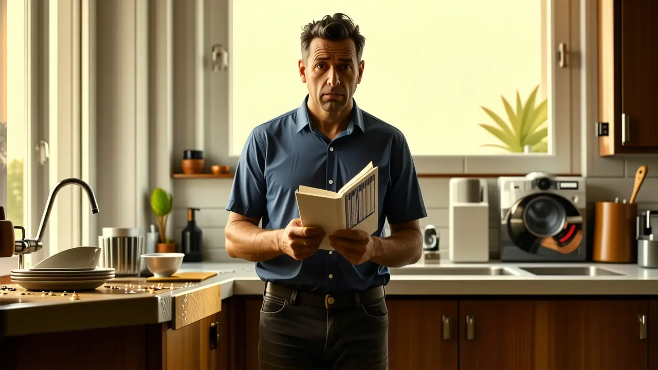 Hombre frustrado en cocina desordenada, melancólica luz