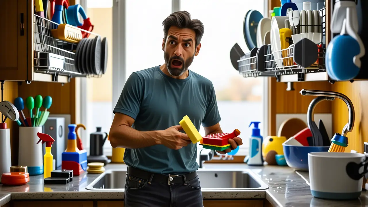 Un hombre frustrado sostiene una cubeta sucia