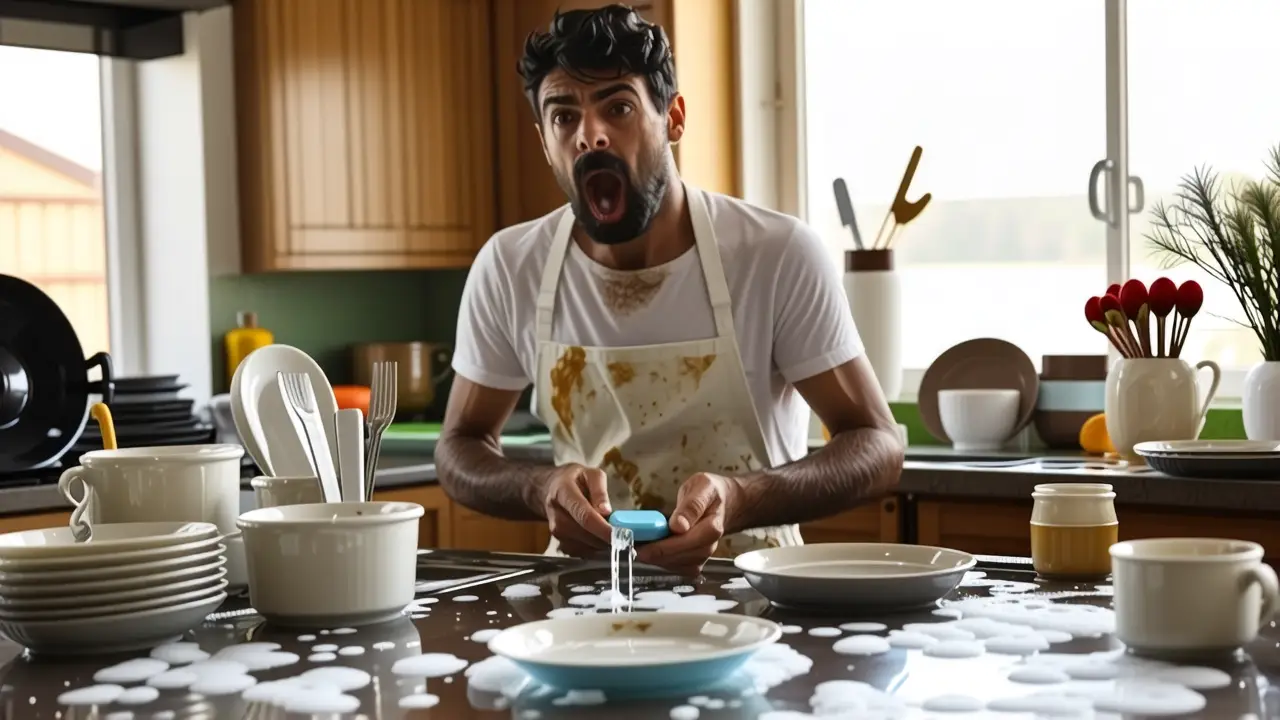 Frustración en una cocina desordenada y sombría