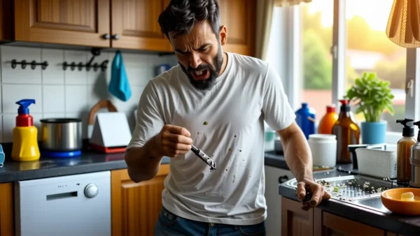 Un hombre frustrado cocina en un caos suave