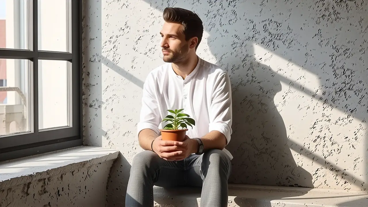 Un hombre tranquilo en un espacio minimalista y luminoso