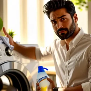 Hombre preocupado lava ropa en cocina cálida