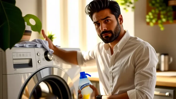 Hombre preocupado lava ropa en cocina cálida