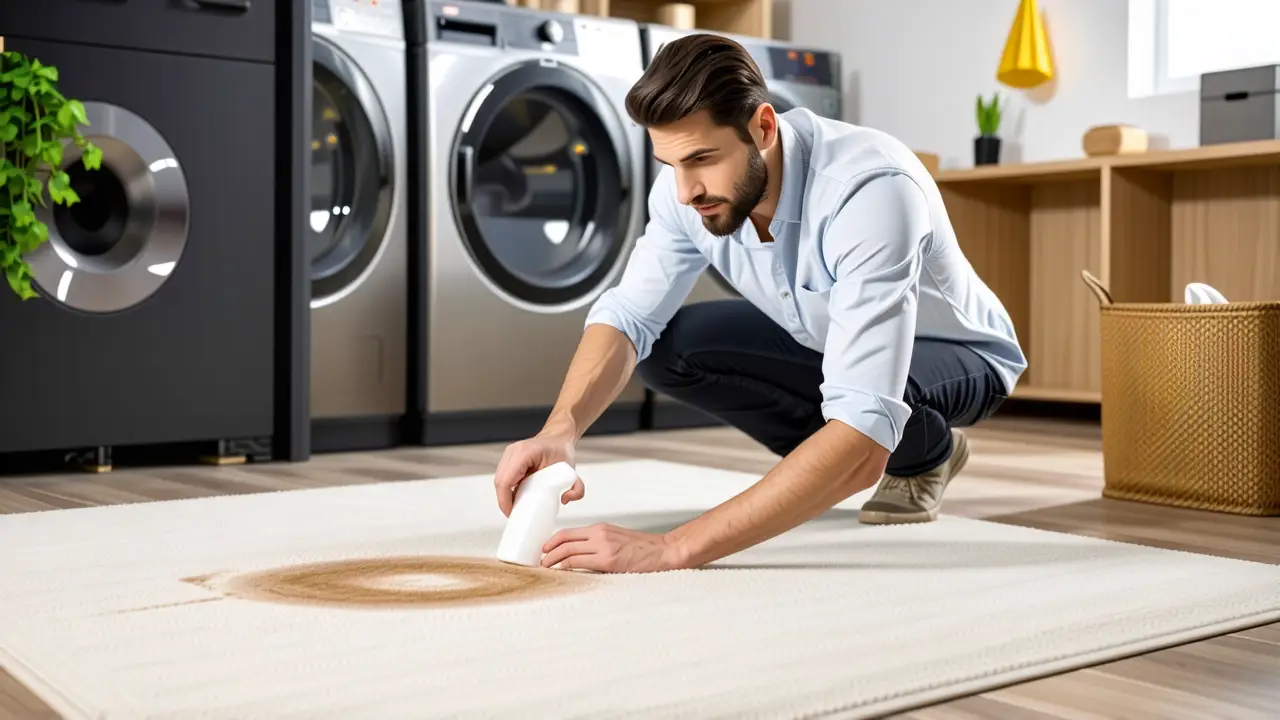 Eliminar Mofeta Olor: Manchas y Lavado Eficaz 2 Hombre preocupado limpia rug en lavandería
