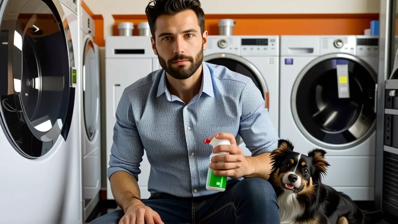 Eliminar Mofeta Olor: Manchas y Lavado Eficaz 3 Hombre preocupado neutraliza olor en la lavandería