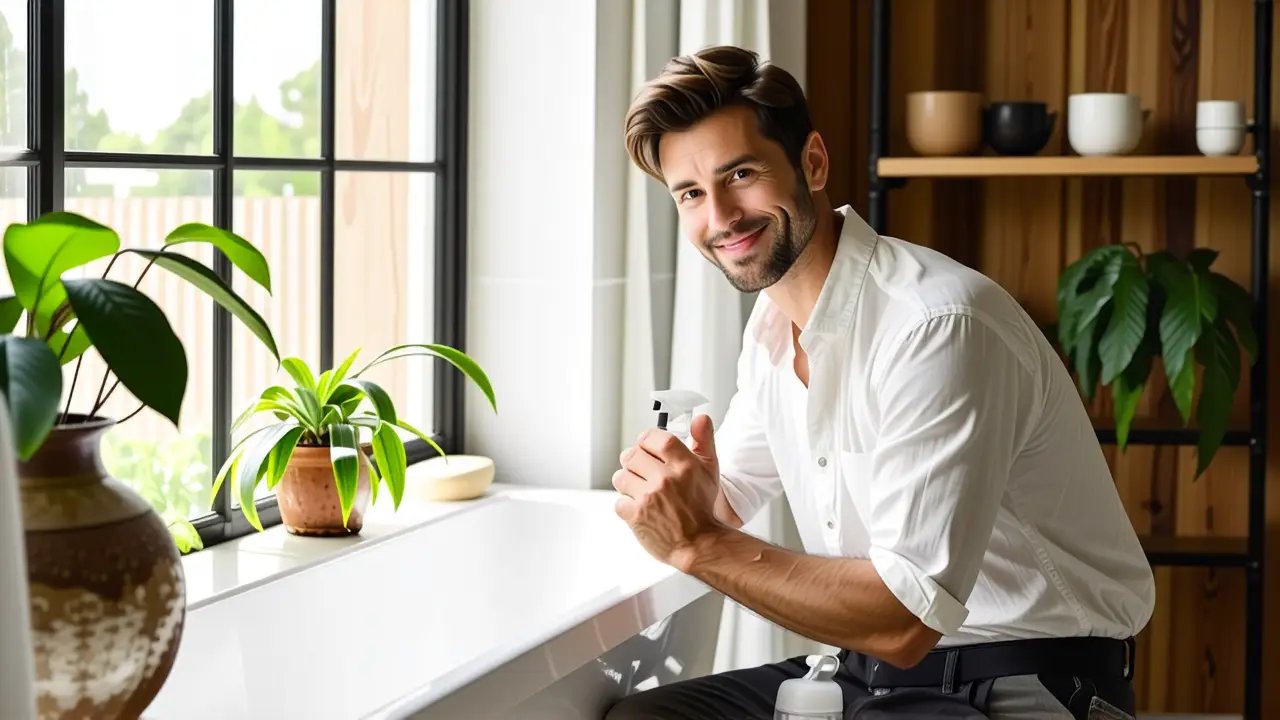 Productos Antimoho: Eliminar Moho Baño Fácilmente 4 Un hombre limpia con confianza un baño húmedo