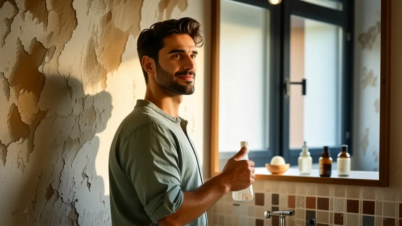 Productos Antimoho: Eliminar Moho Baño Fácilmente 5 Un hombre tranquilo limpia un baño restaurado