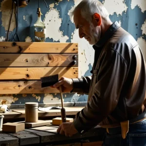Un hombre melancólico limpia madera en luz tenue