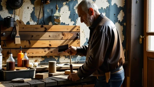 Un hombre melancólico limpia madera en luz tenue