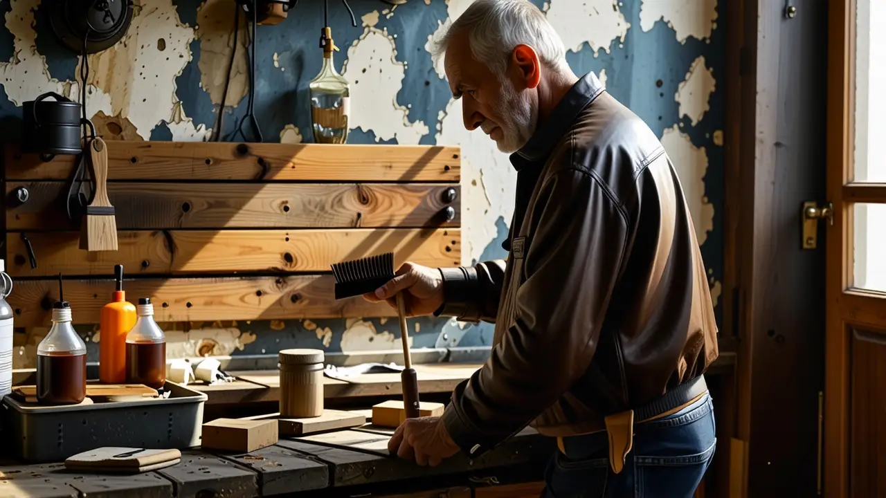 Un hombre melancólico limpia madera en luz tenue