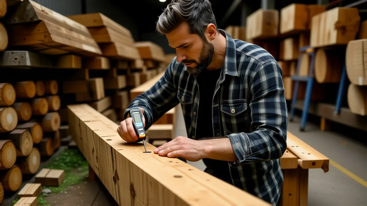 Un hombre examina madera en un taller húmedo