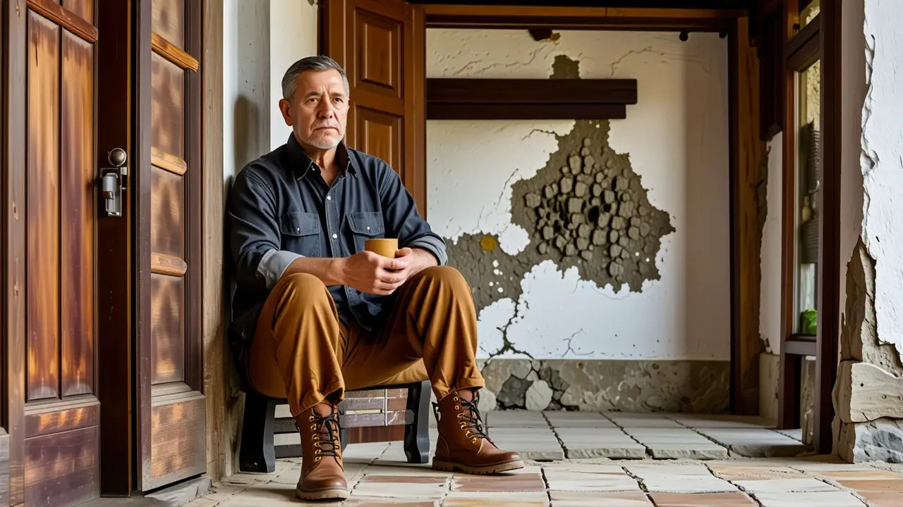 Un hombre pensativo examina la madera en tonos cálidos