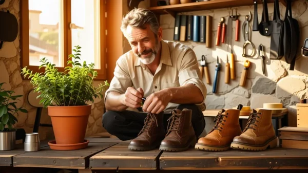 Un hombre español contempla sus zapatos en un taller cálido
