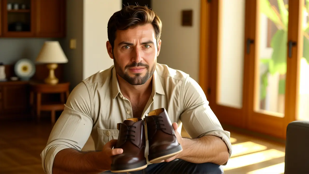 Un hombre preocupado sostiene zapatos en un salón cálido