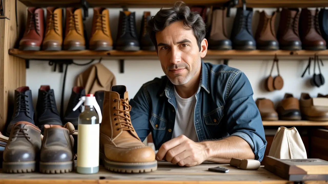 Un hombre español amable usa talco en zapatos vintage