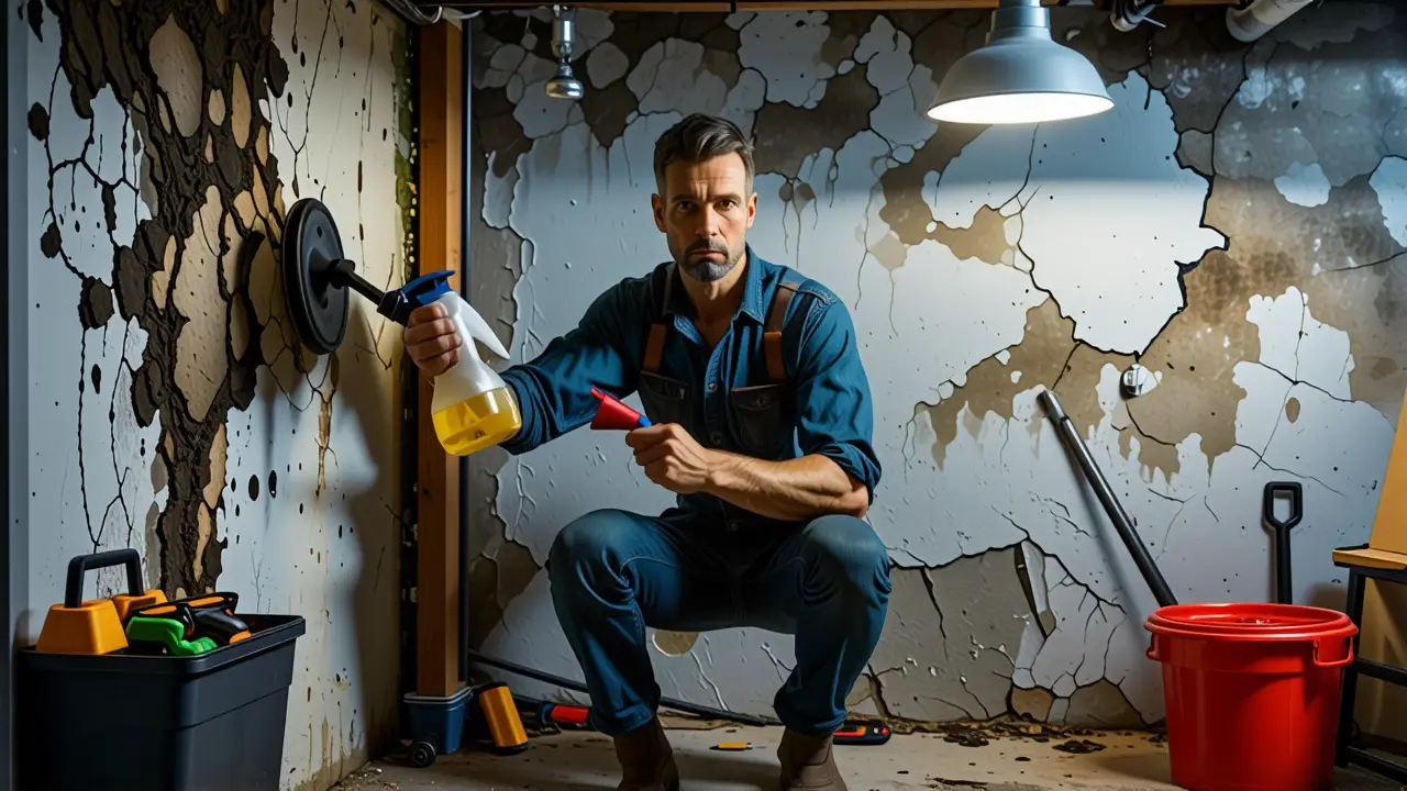 Un hombre preocupado combate la humedad en el sótano