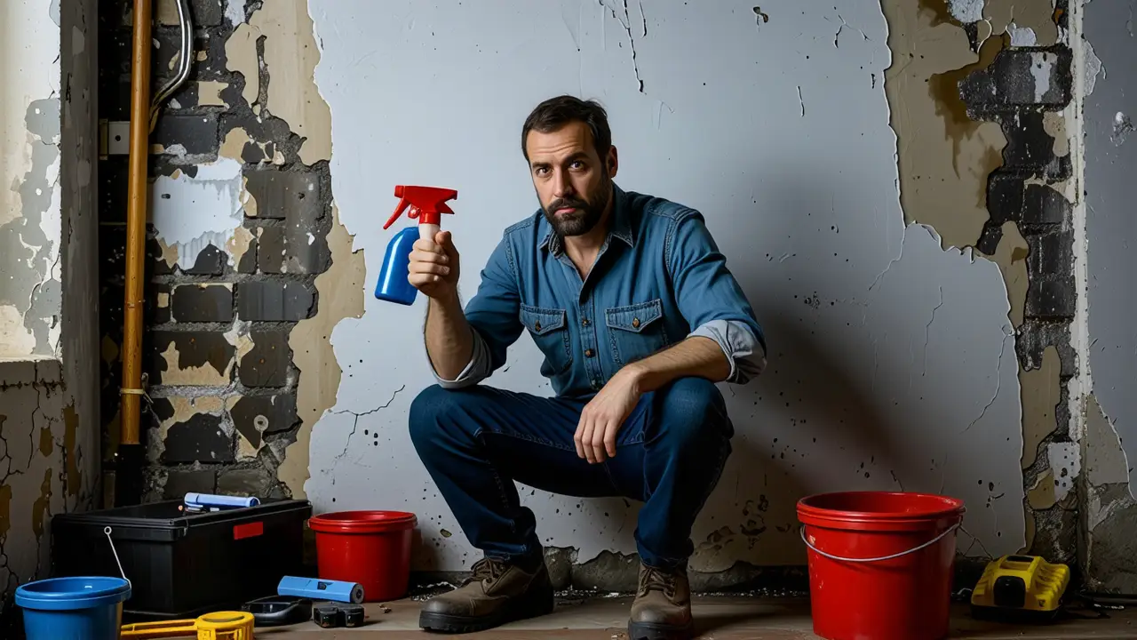 Un hombre limpiando un basurero húmedo con intensidad