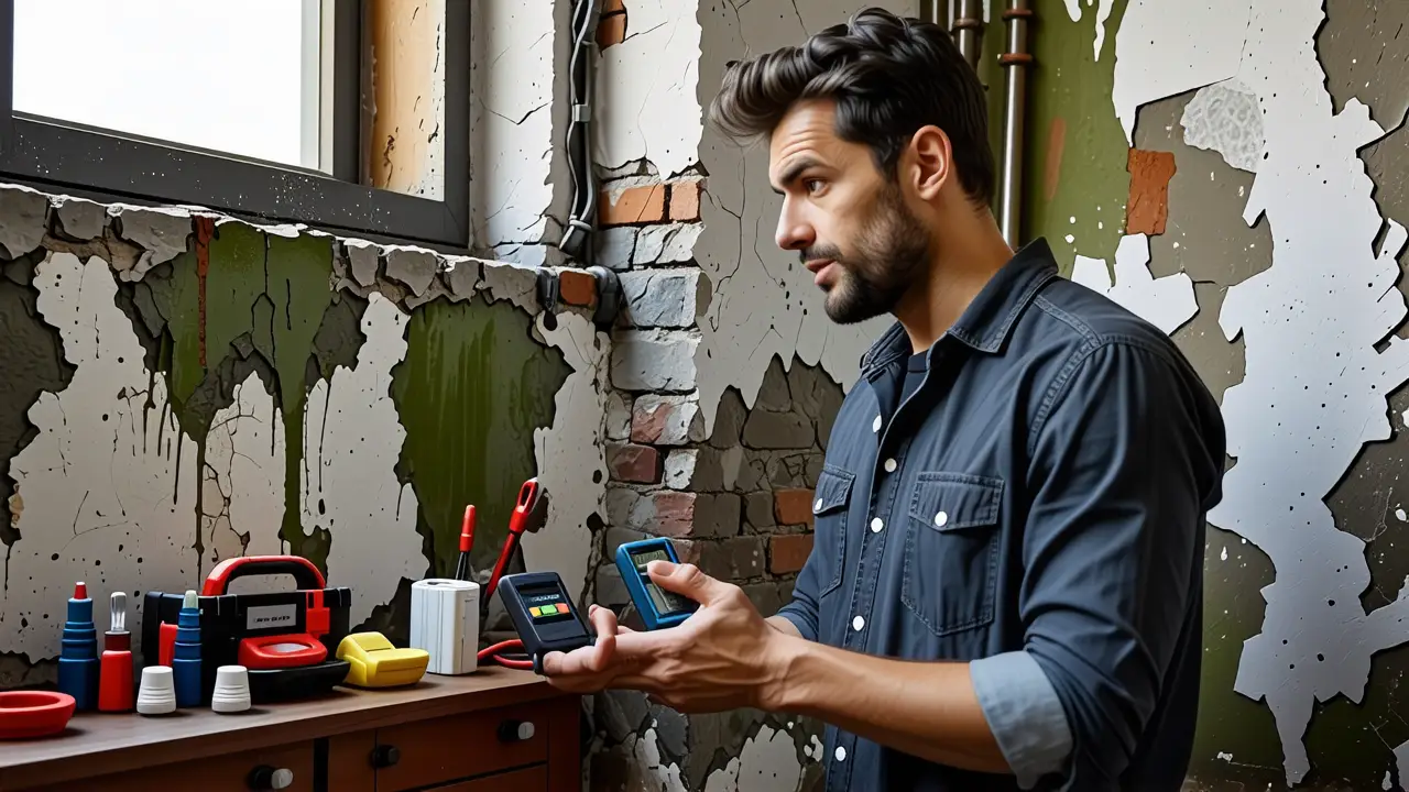 Un hombre examina humedad en una pared oscura