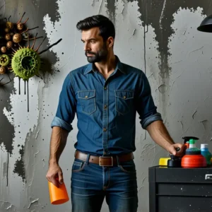 Hombre preocupado en húmedo basamento con moho