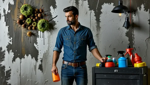 Hombre preocupado en húmedo basamento con moho