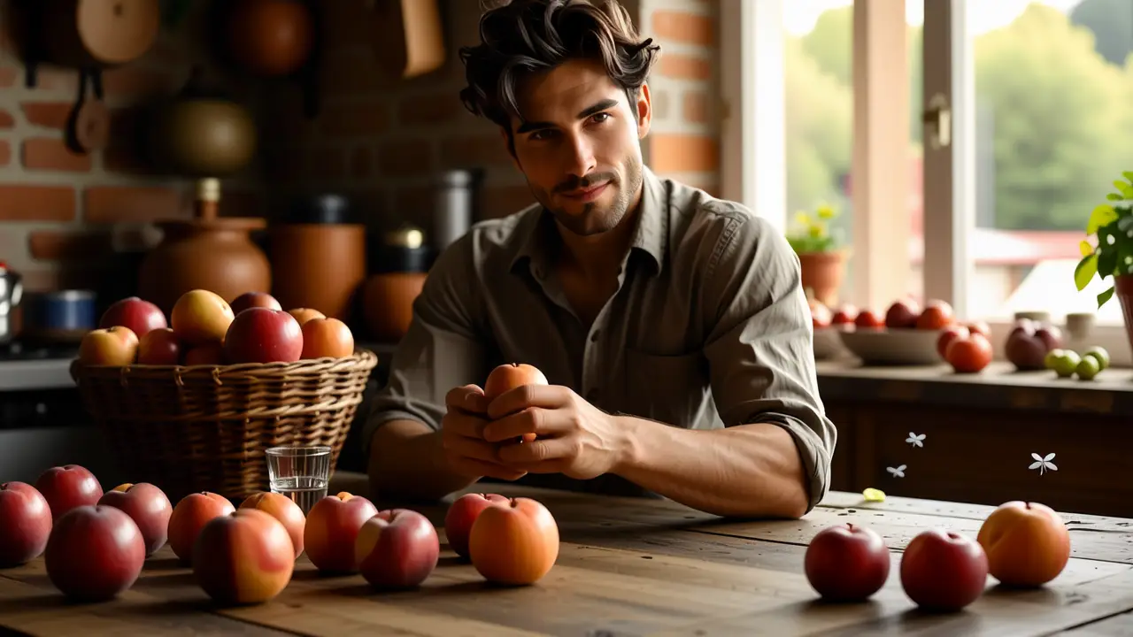 Un hombre contempla fruta en luz cálida