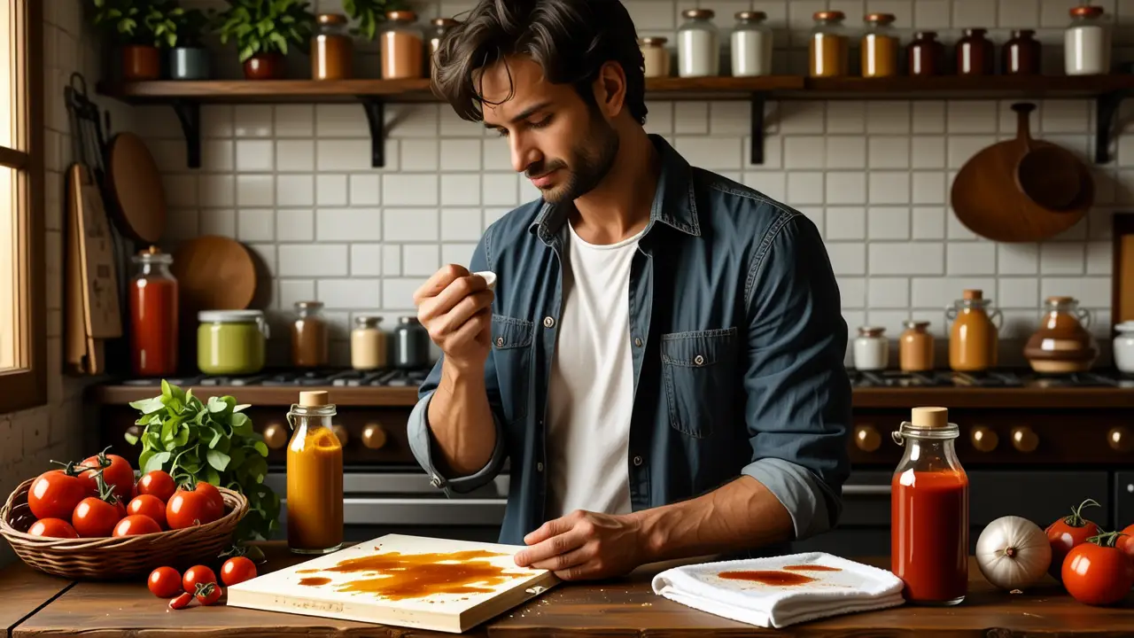 Cómo quitar manchas de ketchup y mostaza: guía completa 4 Un hombre pensativo limpia una mancha en cocina