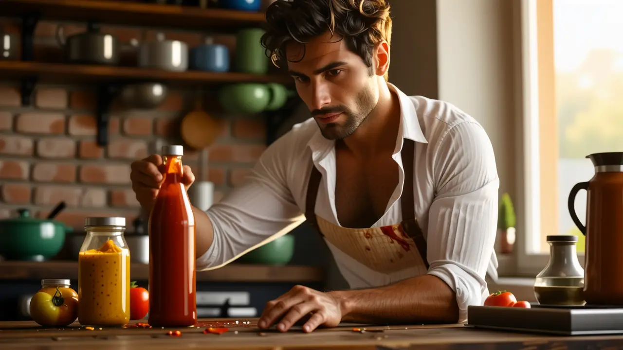 Cómo quitar manchas de ketchup y mostaza: guía completa 2 Un hombre pensativo examina ketchup en una cocina rústica