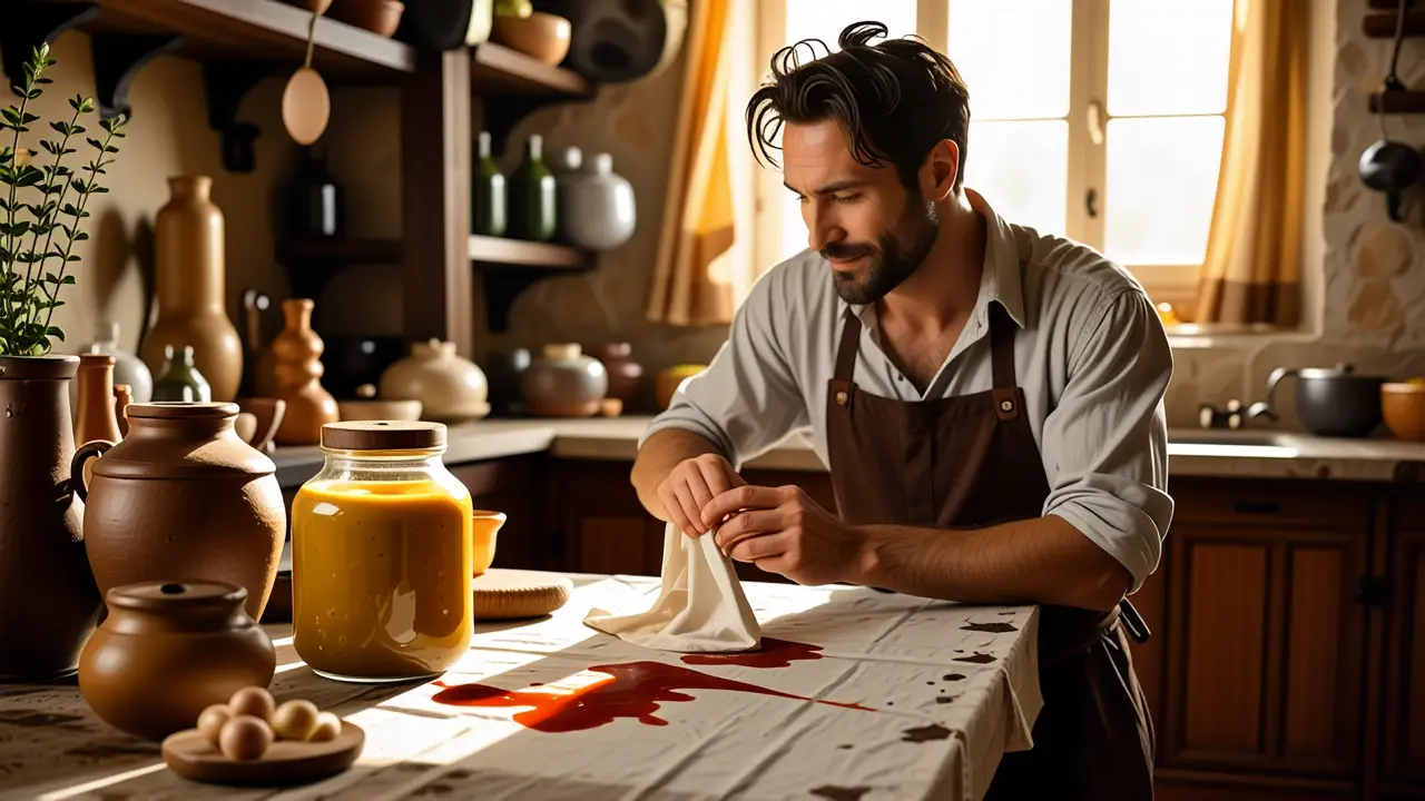 Cómo quitar manchas de ketchup y mostaza: guía completa 3 Un hombre español realista limpia una mancha