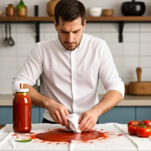Un hombre preocupado dabbing ketchup en la cocina