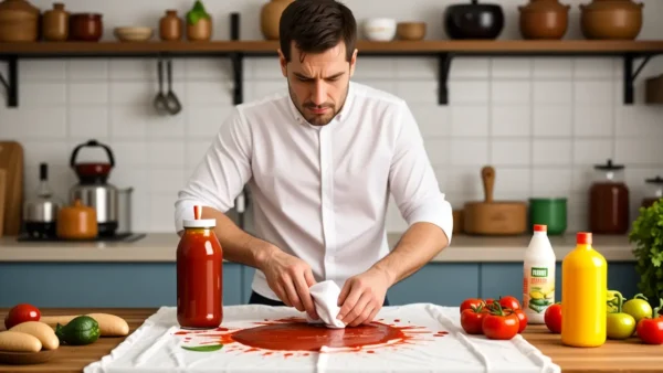 Un hombre preocupado dabbing ketchup en la cocina
