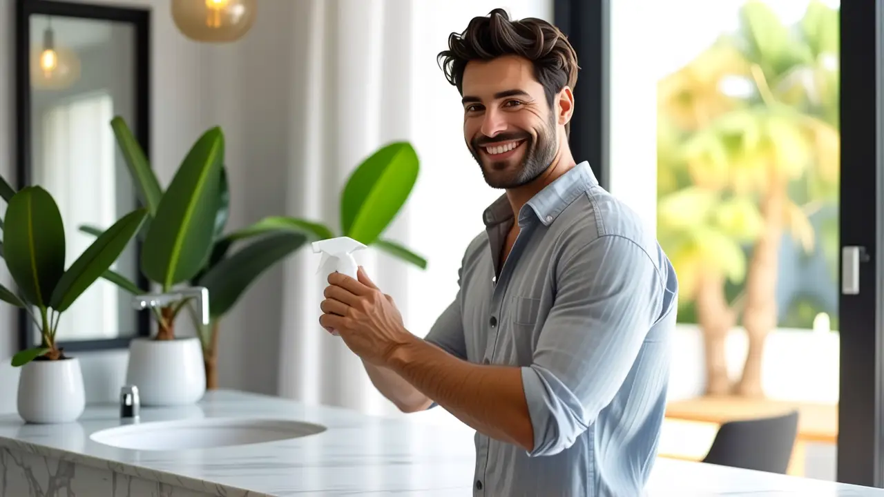 Mr Musculo Baño: Limpieza Profunda y Eficiente 3 Un hombre limpio sonríe en un baño luminoso