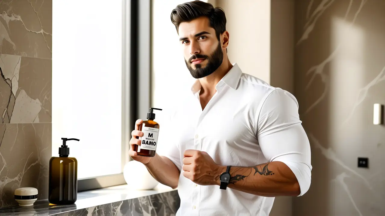 Mr Musculo Baño: Limpieza Profunda y Eficiente 2 Un hombre fuerte exhibe poder y limpieza