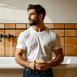 Un hombre español realista en un baño sereno