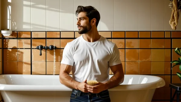 Un hombre español realista en un baño sereno